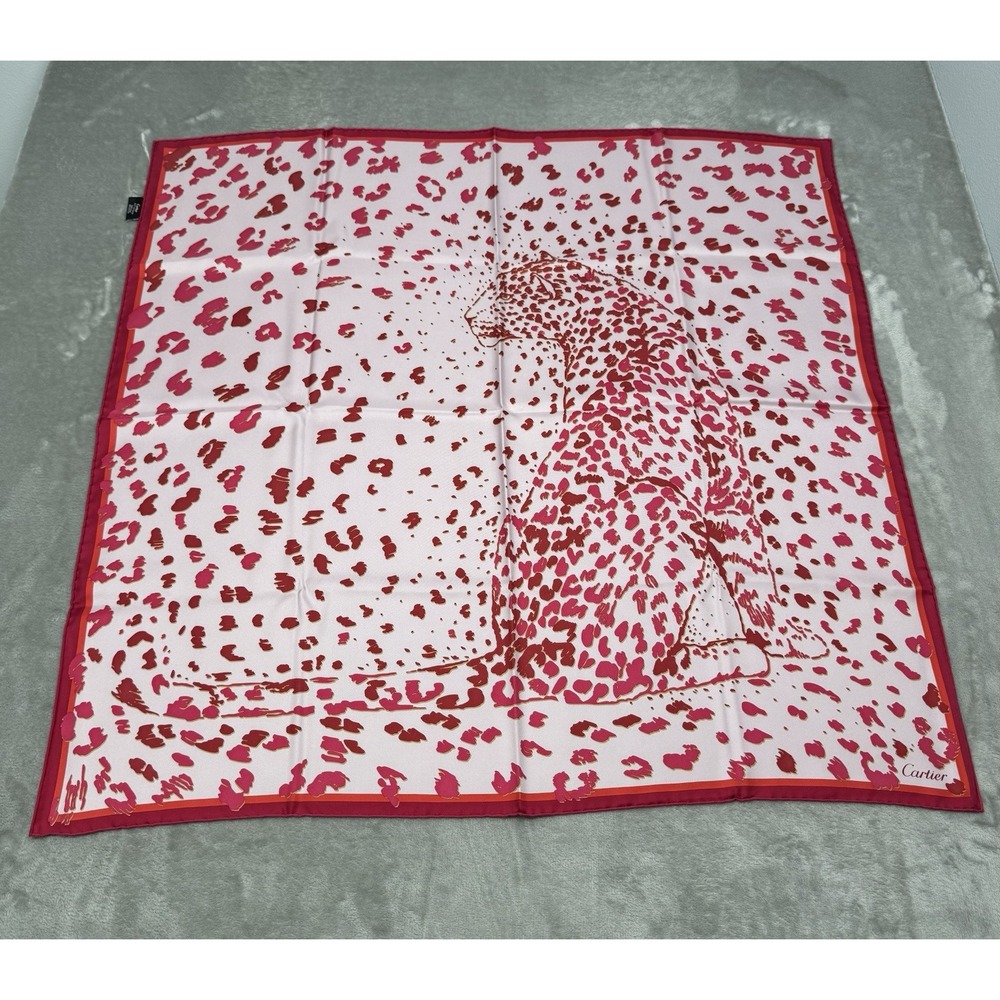 Cartier Panthere Scarf Pink Leopard Print 100% Silk 34x34 Red Rose Art +Gift Box